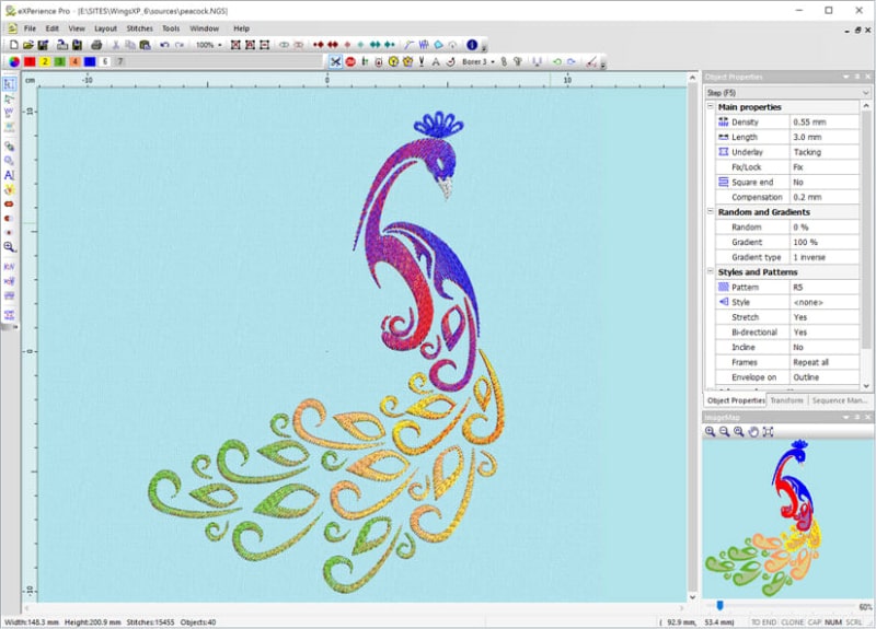 Wings' XP Embroidery Software Screenshot of Peacock Design