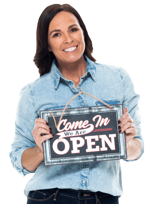 Woman holding Open sign